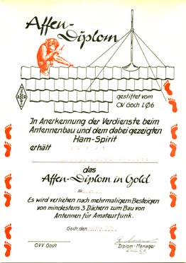 Affendiplom 1976, wird verliehen nach mehrmaligem Besteigen von Dächern zum Bau von Amateurfunkantennen