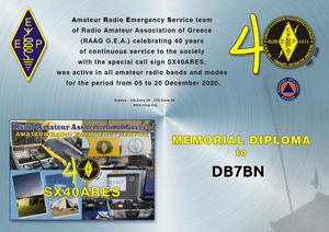 Memorial diploma celebrating 40 years of Amateur Radio Emergency Service team of Radio Amateur Association of Greece
