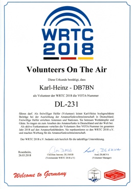 WRTC 2018 Volunteer-Urkunde